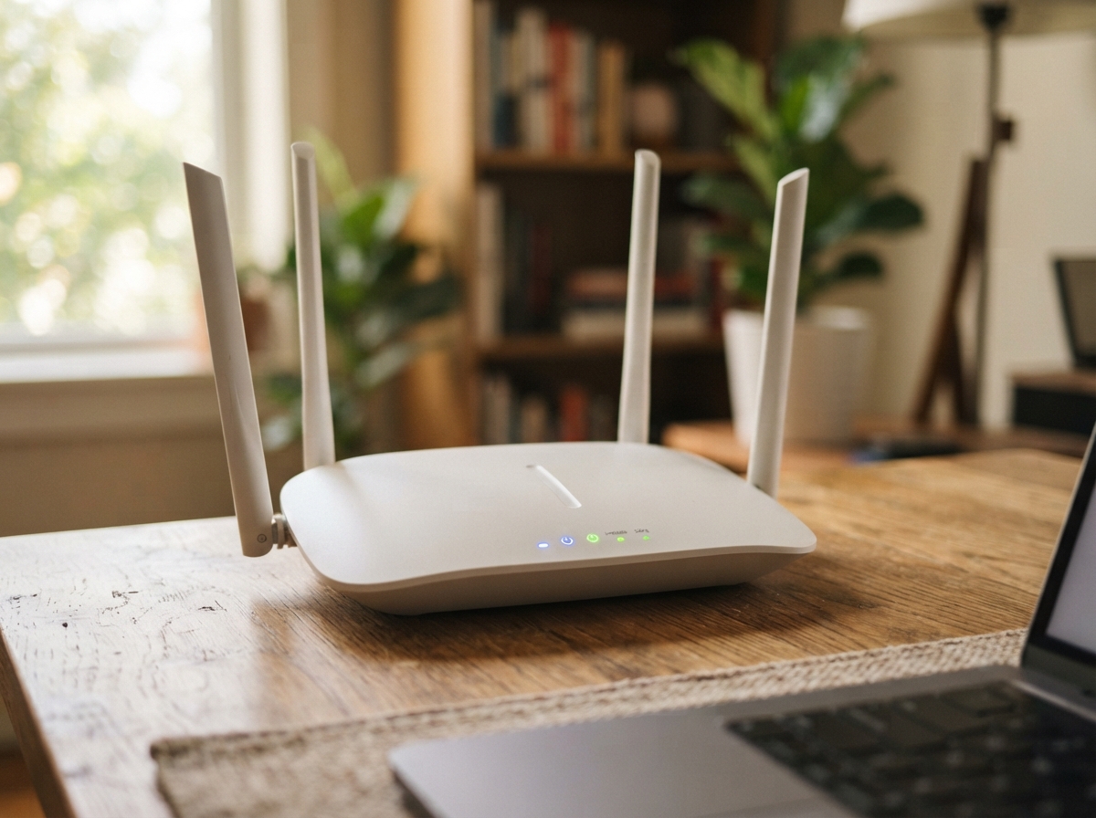 Routeur Wi-Fi blanc avec antennes et voyants lumineux sur un bureau