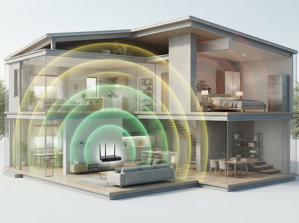 Coupe d'une maison montrant la propagation et l'affaiblissement des ondes Wi-Fi à travers les étages
