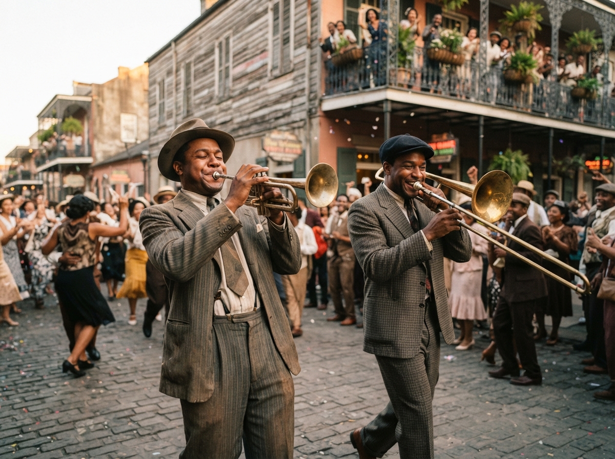 Musiciens de fanfare jouant dans une rue de La Nouvelle-Orléans dans les années 1920