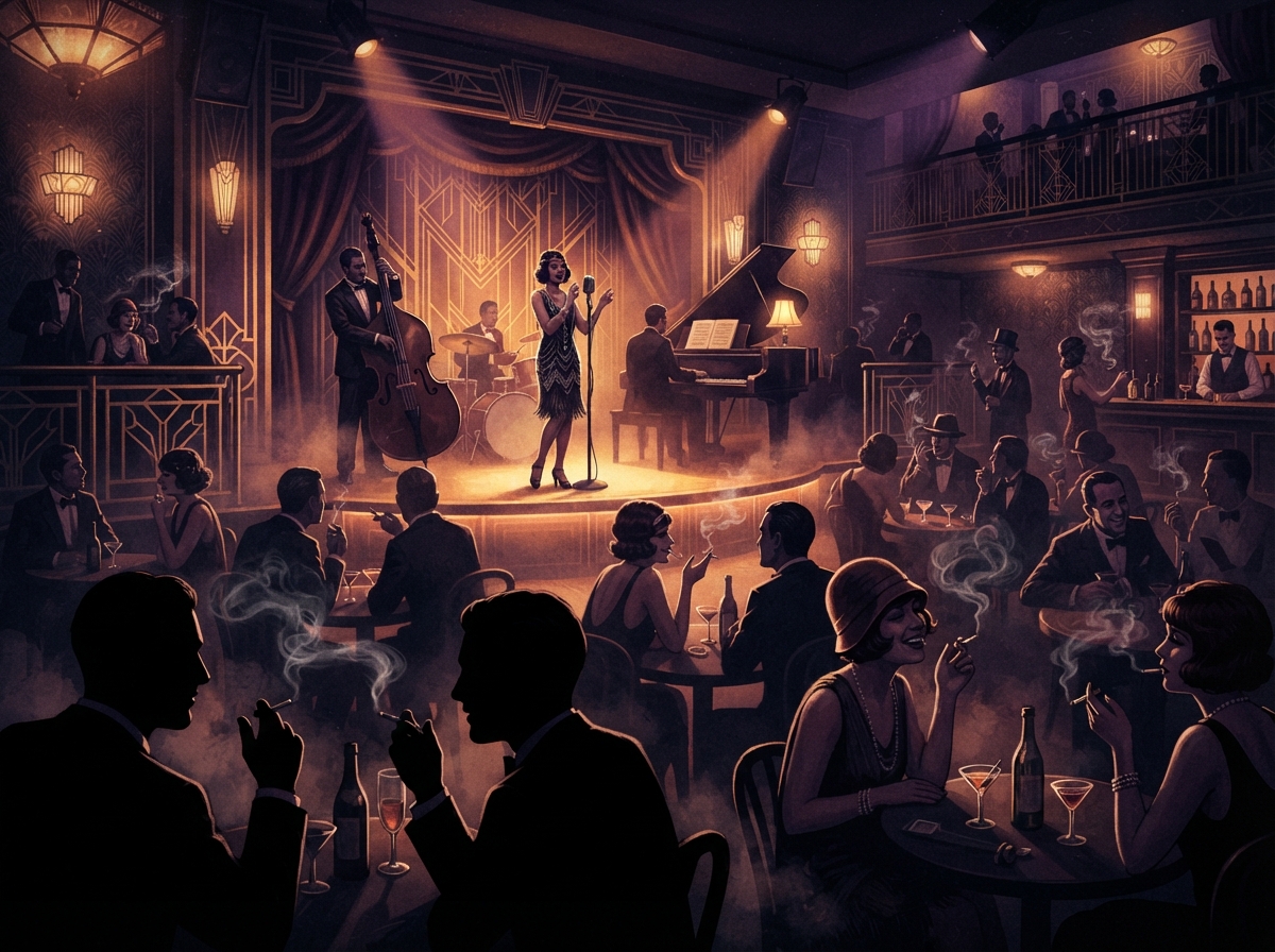 Intérieur d'un club de jazz clandestin des années 1920 avec musiciens sur scène et public attablé