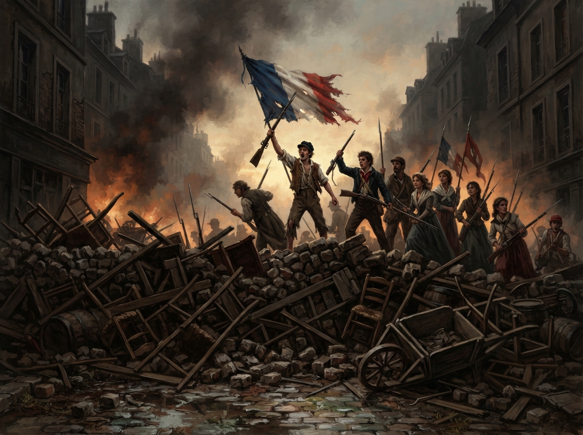 Barricade parisienne de 1832 avec pavés empilés et drapeau tricolore