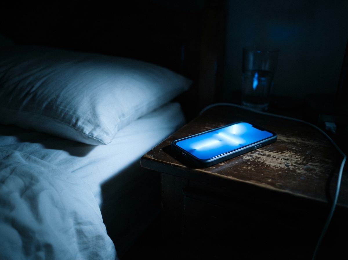 Smartphone illuminé sur une table de nuit dans une chambre sombre, illustrant l'impact de la lumière bleue sur le sommeil.