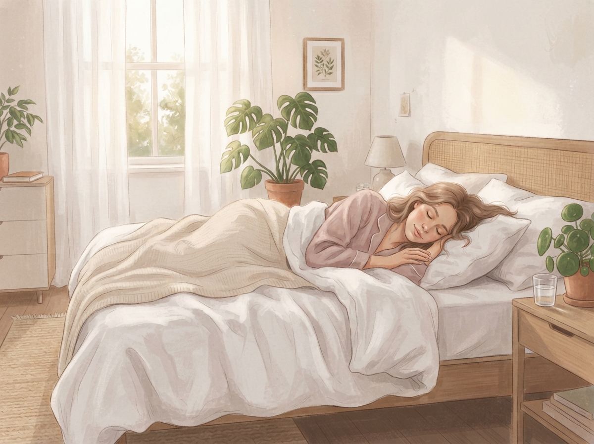Personne dormant paisiblement dans un lit confortable avec lumière naturelle douce, illustrant un sommeil réparateur de qualité.