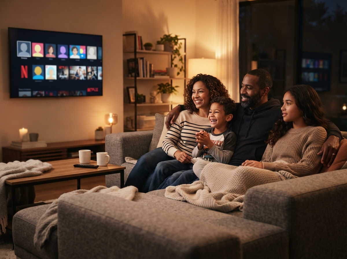 Famille regardant Netflix ensemble dans un salon moderne