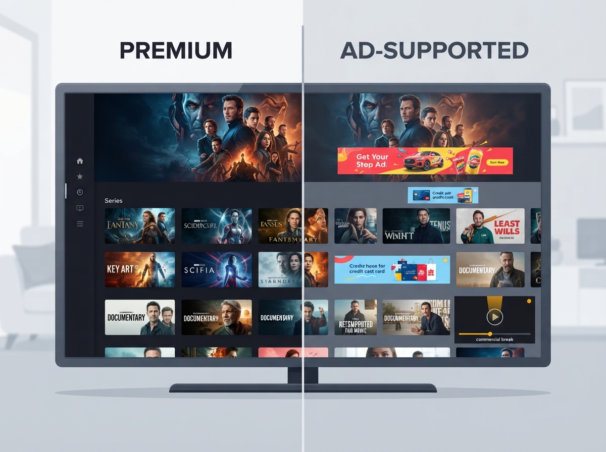 Illustration comparative entre l'interface Netflix premium et avec publicités