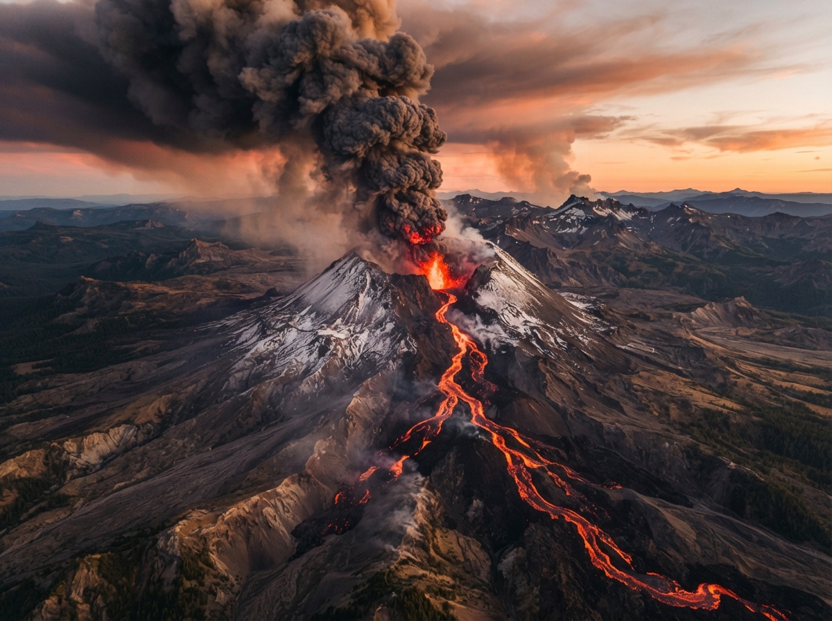 Vue aérienne d'un volcan en éruption avec de la lave rouge coulant sur ses flancs et un panache de cendres s'élevant dans le ciel