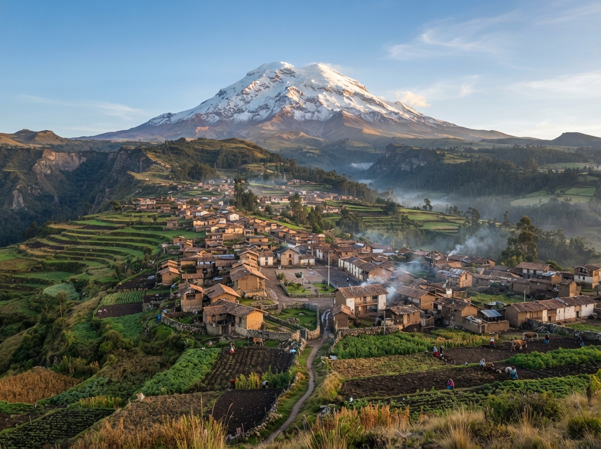 Village au pied d'un volcan enneigé avec des champs agricoles en terrasses sur les pentes fertiles