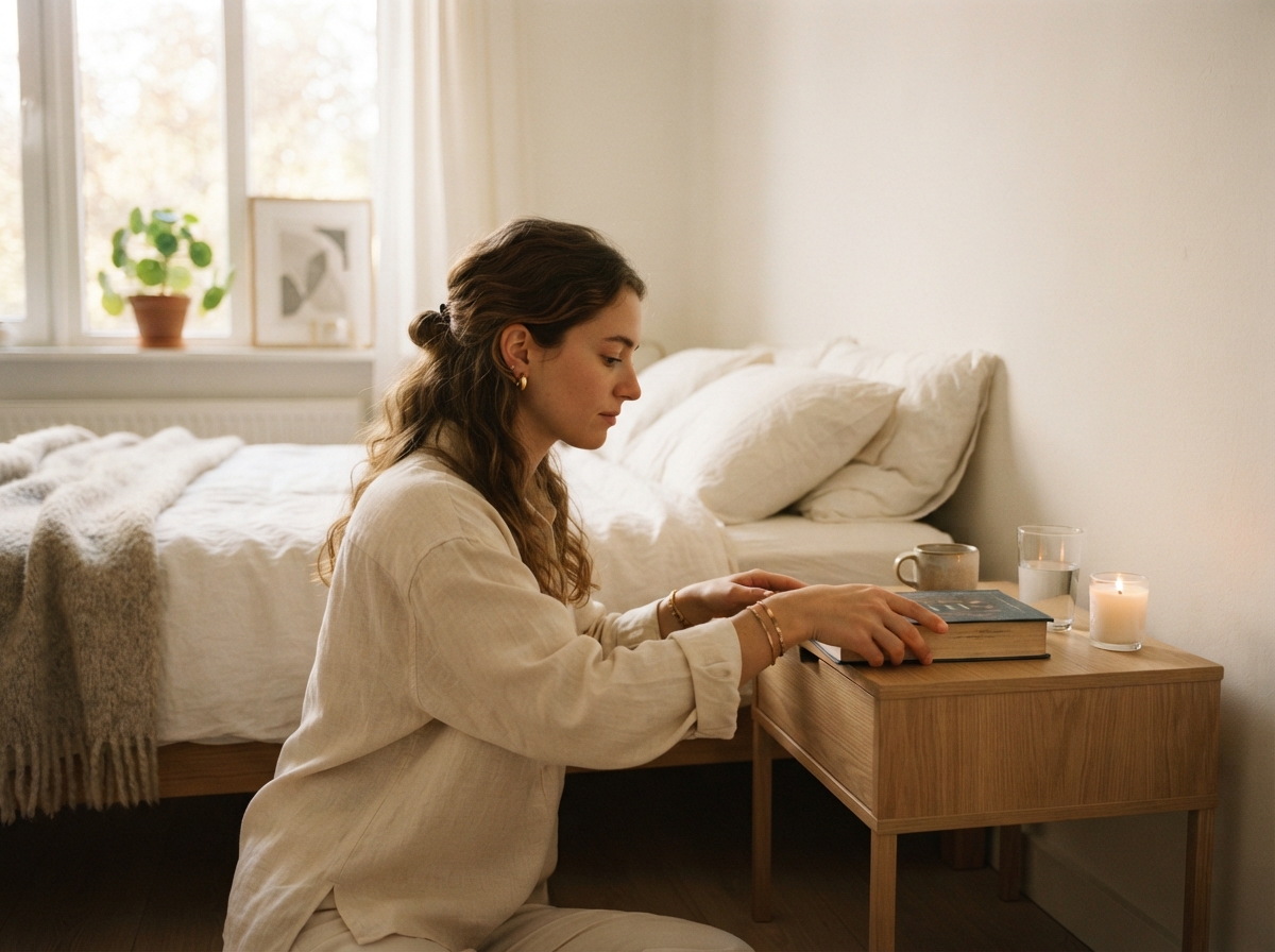 Personne plaçant un livre sur sa table de nuit dans une chambre lumineuse, illustrant la simplicité d'une petite habitude quotidienne.