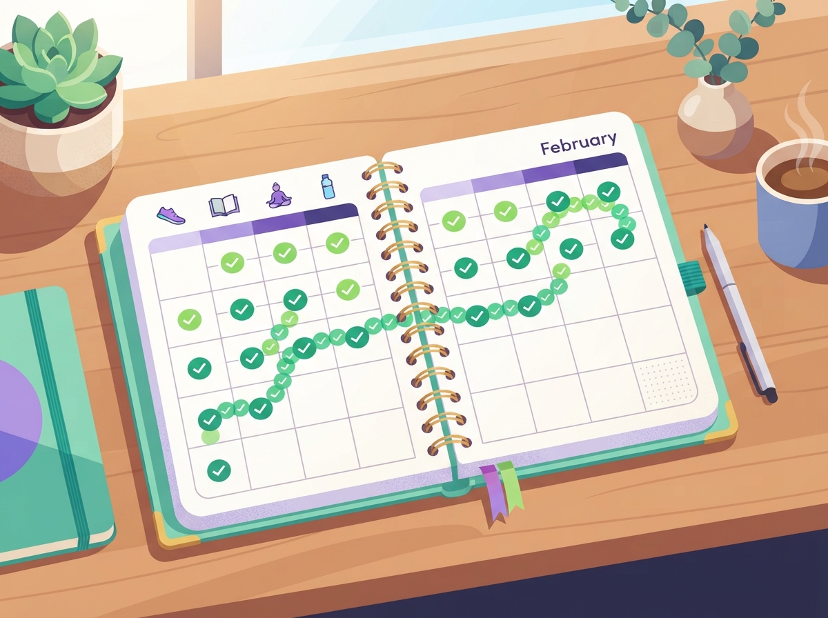 Illustration d'un calendrier avec des coches vertes s'accumulant jour après jour, symbolisant le suivi et la construction progressive d'une habitude.
