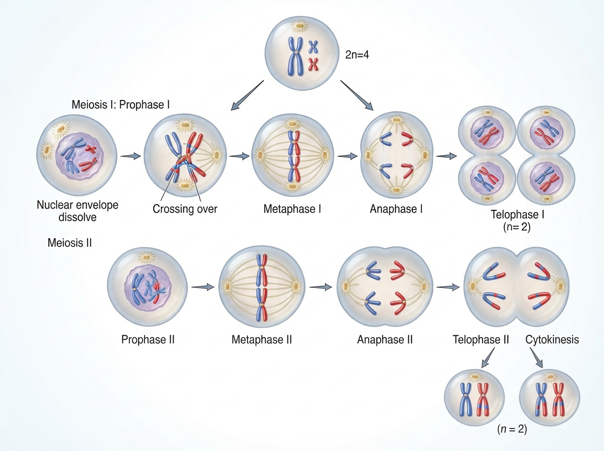 Illustration scientifique montrant les deux divisions de la méiose avec séparation des chromosomes et brassage génétique.