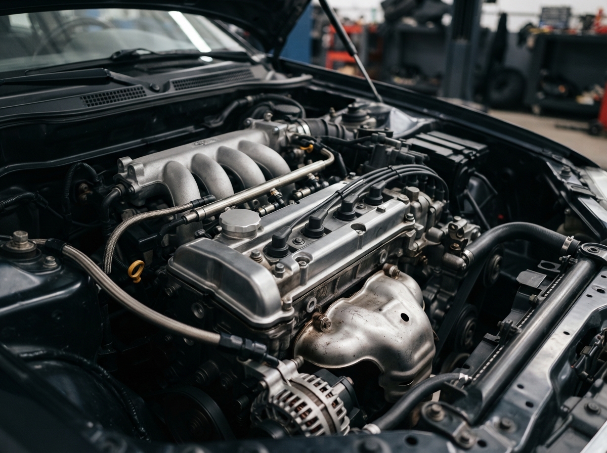 Photo rapprochée d'un moteur automobile quatre cylindres dans son compartiment moteur, montrant les composants métalliques et mécaniques.