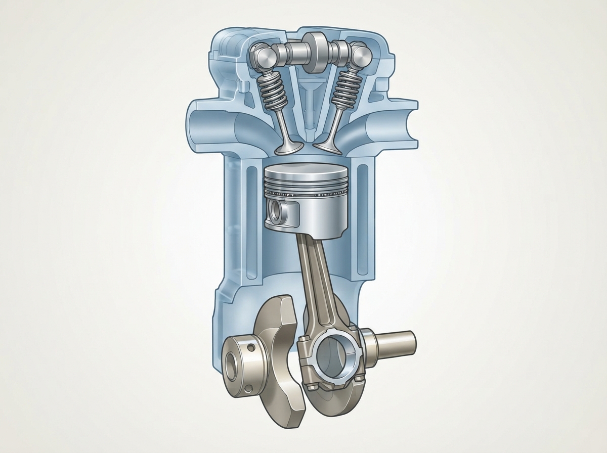 Illustration technique en coupe montrant un piston avec ses segments dans un cylindre, relié par une bielle au vilebrequin, avec les soupapes en haut.