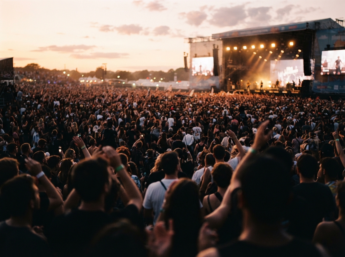 Foule anonyme lors d'un festival en plein air, illustrant l'exception du droit à l'image dans les lieux publics.