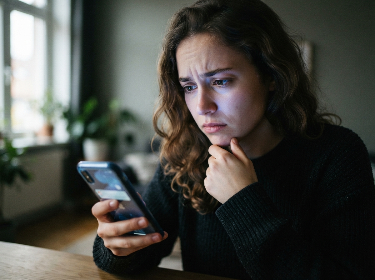 Personne regardant son téléphone avec inquiétude, illustrant la découverte d'une photo publiée sans consentement.