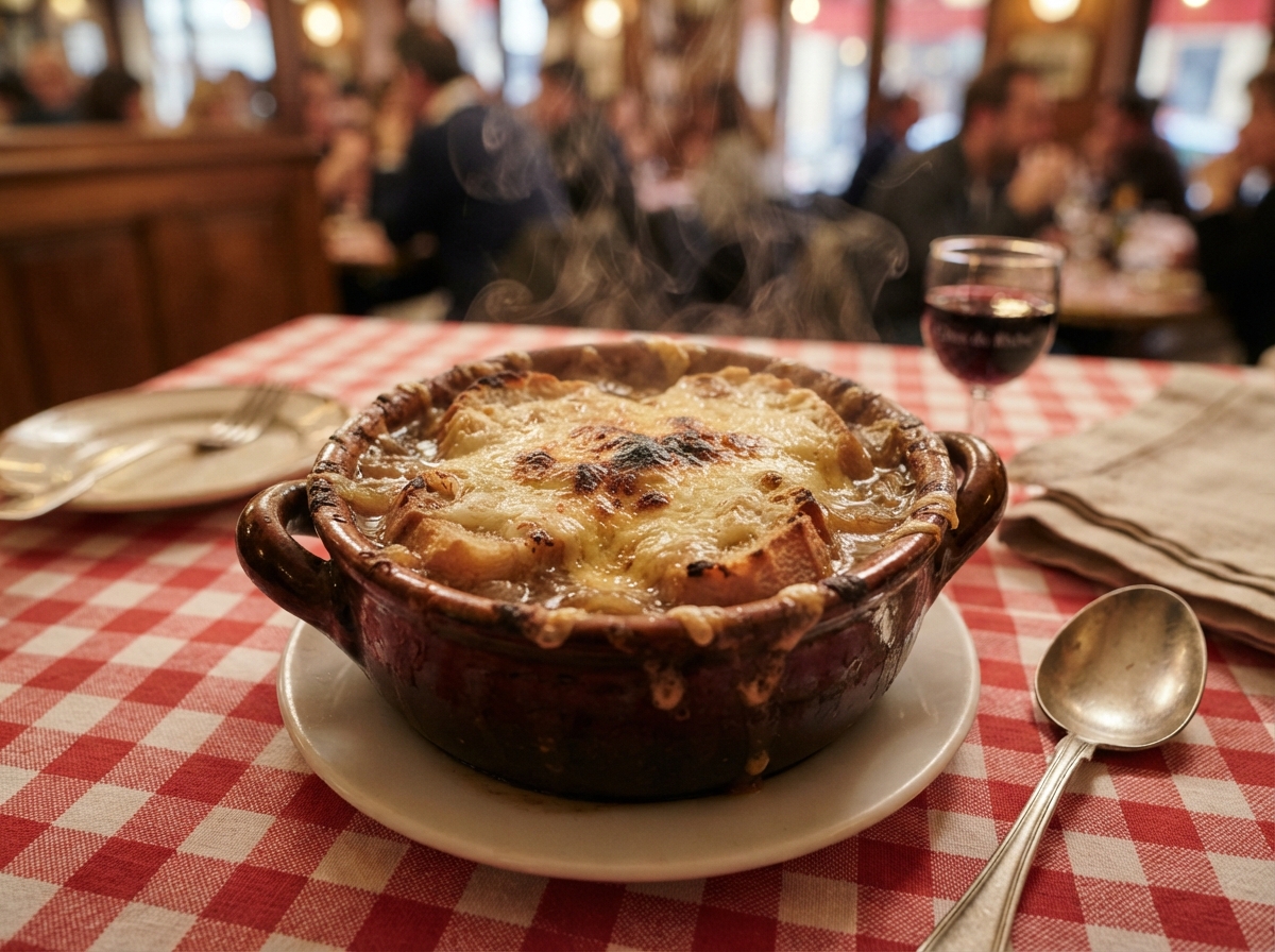Soupe à l'oignon gratinée avec fromage fondu doré dans un bol en céramique