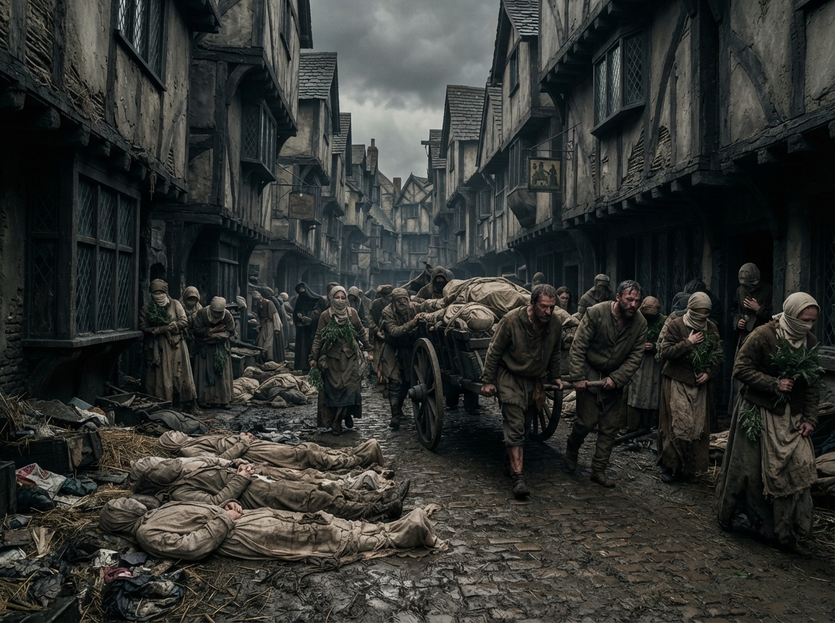 Rue médiévale sombre avec cadavres, habitants apeurés et chariots de morts pendant la Peste noire.