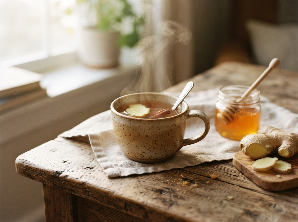 Tasse de thé au gingembre fumant avec racine de gingembre frais et pot de miel sur une table en bois