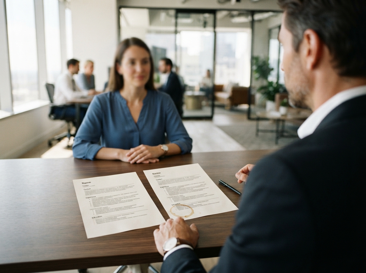 Photo d'un entretien d'embauche montrant des CV sur un bureau, illustrant comment les biais influencent les décisions de recrutement.