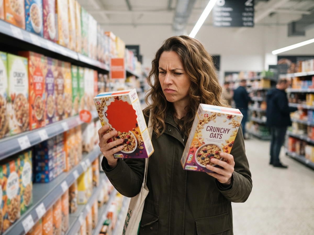 Illustration d'une personne hésitant entre deux produits en rayon, l'un avec une promotion, illustrant le biais d'ancrage en situation réelle.