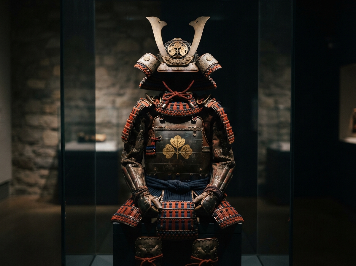Armure complète de samouraï avec casque à cornes, plaques de cuir laquées rouge et noir, exposée dans un musée.