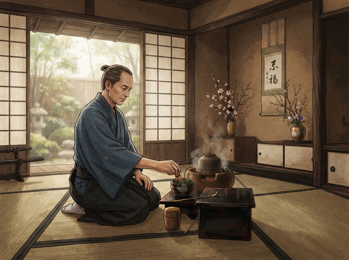 Samouraï en kimono pratiquant la cérémonie du thé dans une pièce traditionnelle japonaise aux murs de papier.