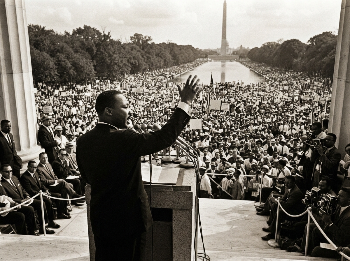 Martin Luther King prononçant son discours devant une foule immense lors de la Marche sur Washington