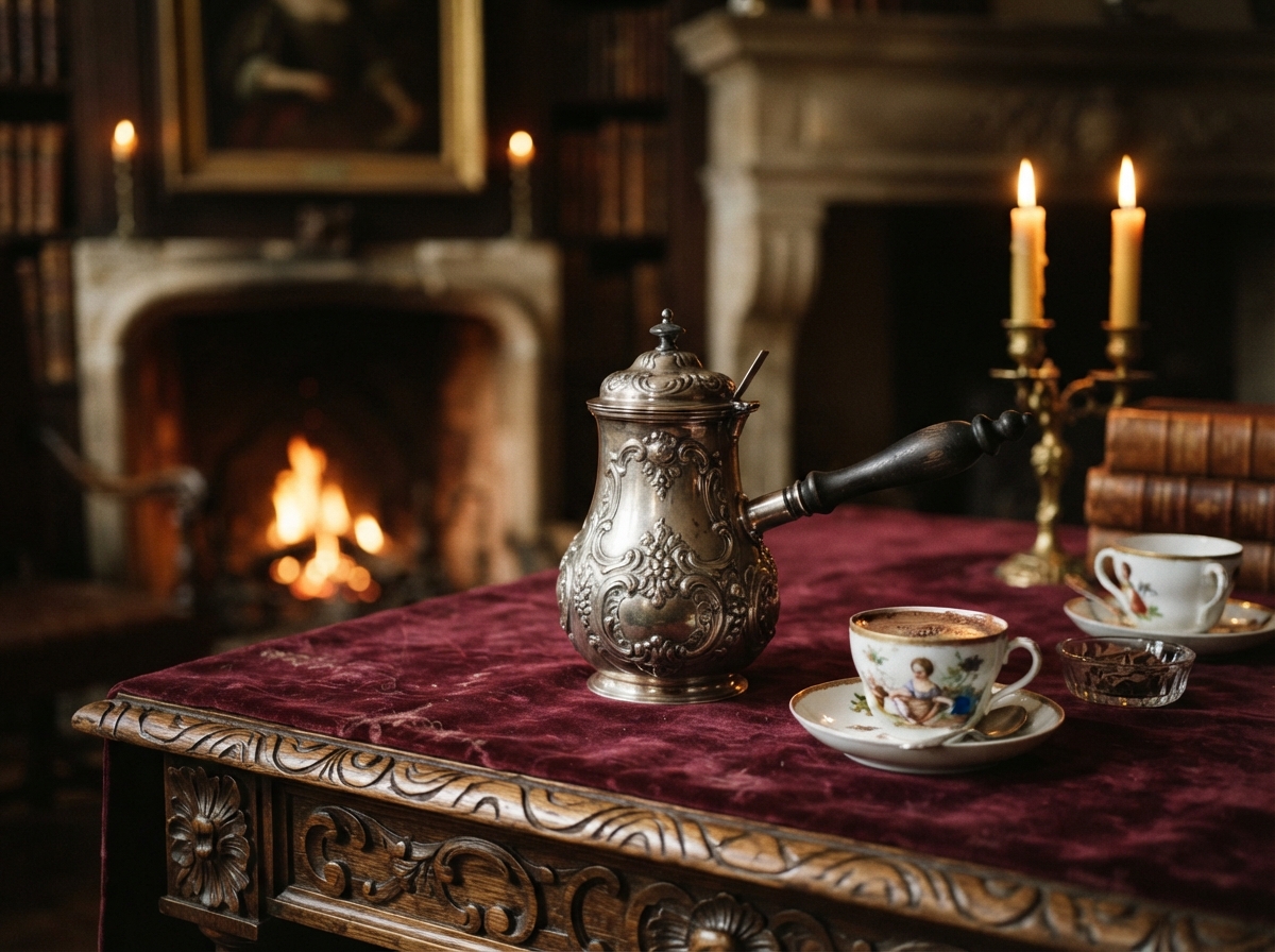 Chocolatière en argent du XVIIe siècle sur table baroque avec tasses en porcelaine