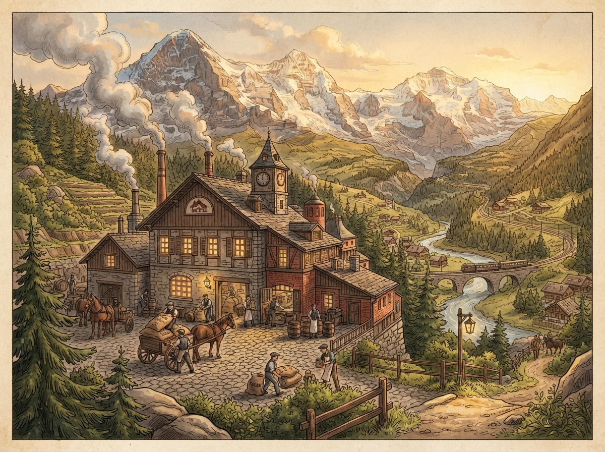 Illustration d'une chocolaterie suisse traditionnelle dans les Alpes au début du XXe siècle