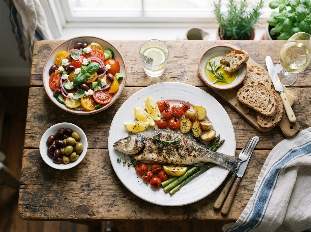 Vue de dessus d'un repas méditerranéen avec poisson grillé, salade de tomates, olives et huile d'olive sur une table en bois.