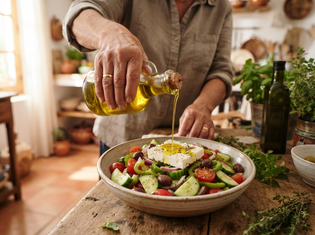 Mains d'une personne âgée versant de l'huile d'olive sur une salade grecque dans une cuisine méditerranéenne.