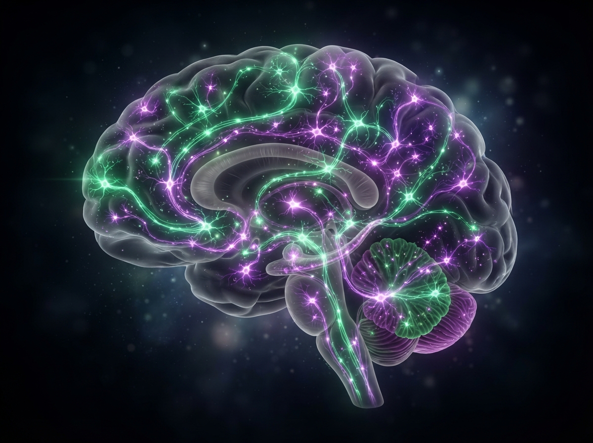 Illustration médicale d'un cerveau en coupe montrant les connexions neuronales actives pendant le rêve.