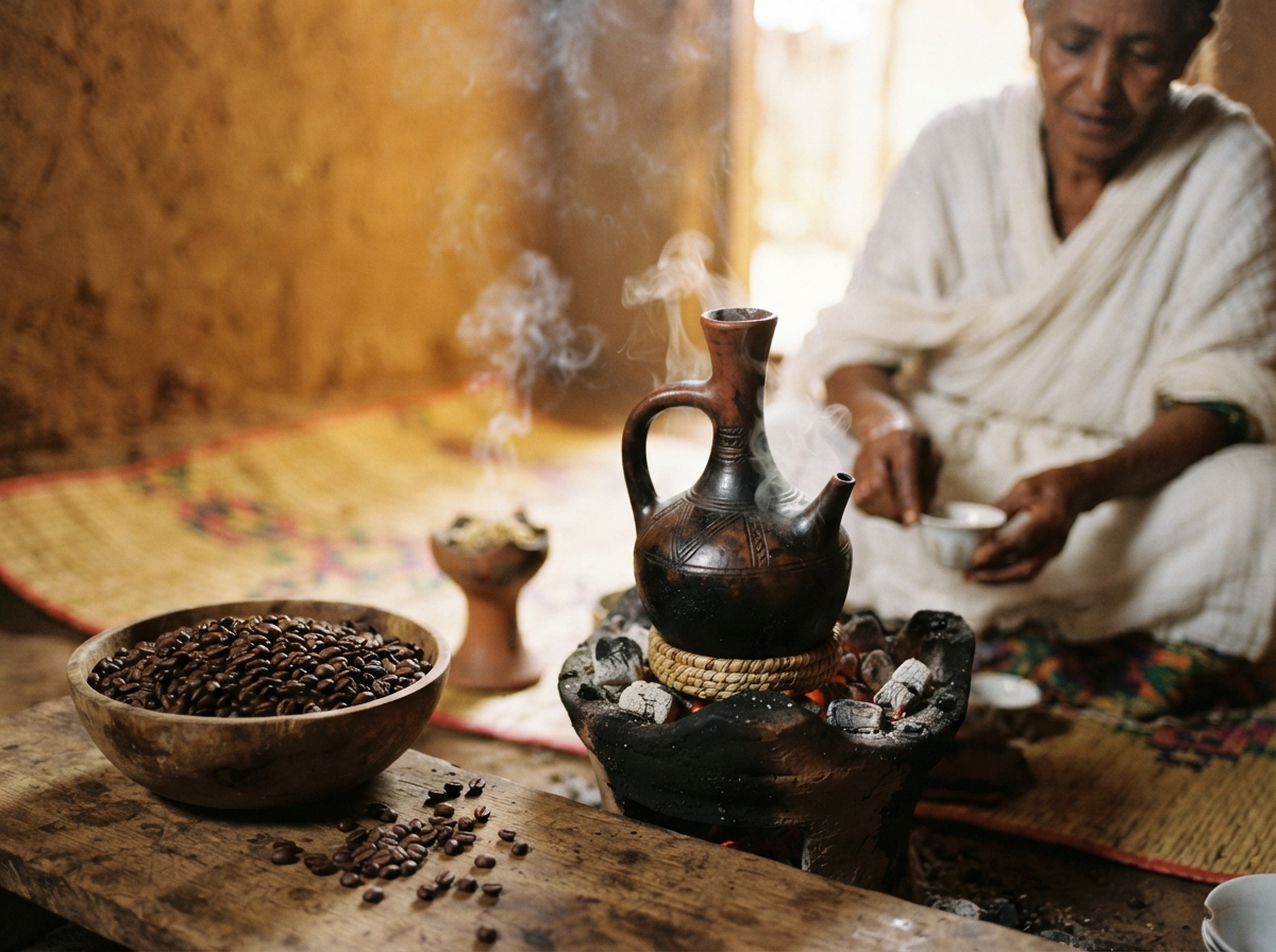 Cérémonie traditionnelle éthiopienne du café avec pot en argile et grains torréfiés sur des braises.