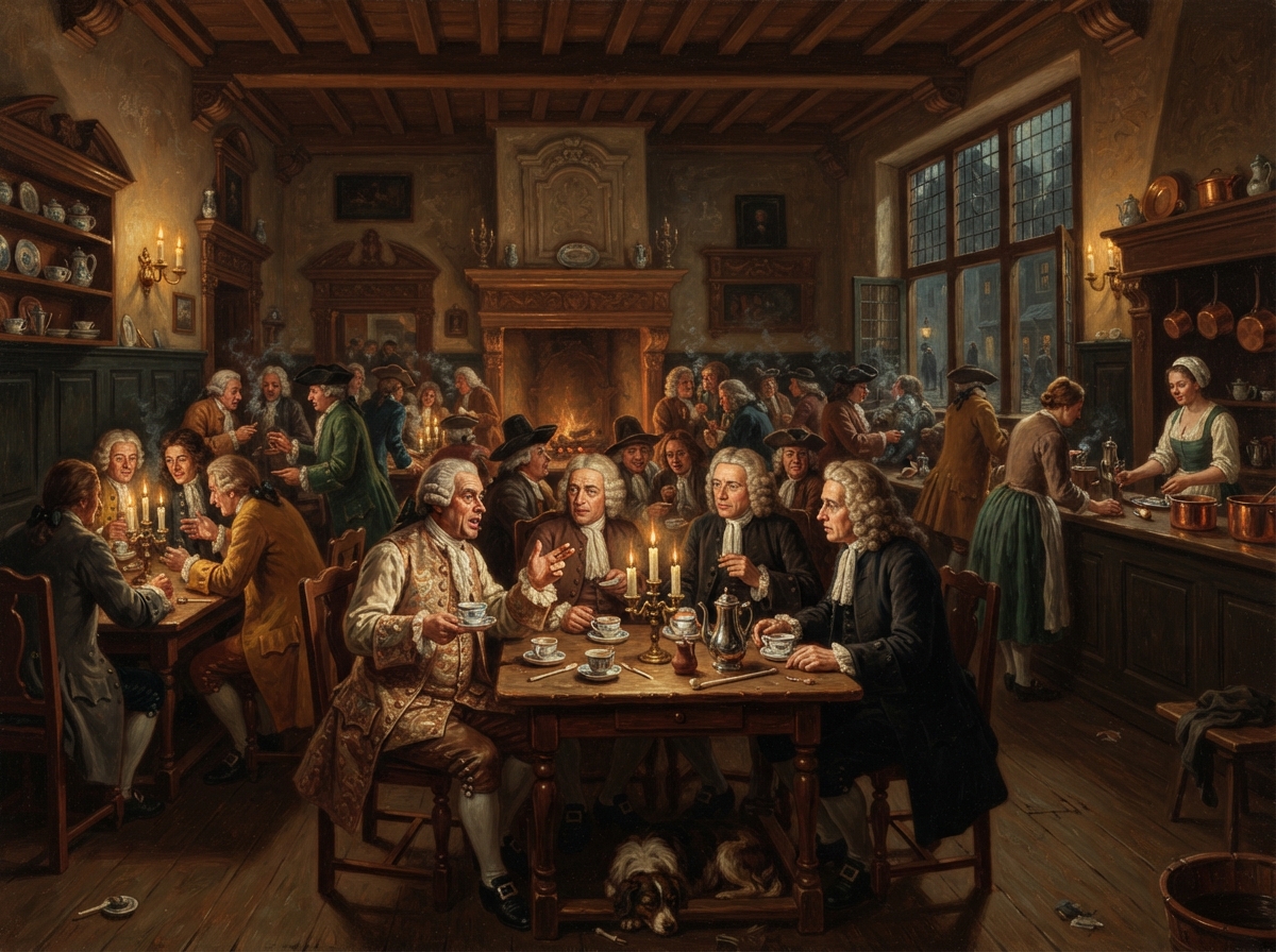 Intérieur d'un café européen du XVIIIe siècle avec marchands et intellectuels en discussion autour de tables.