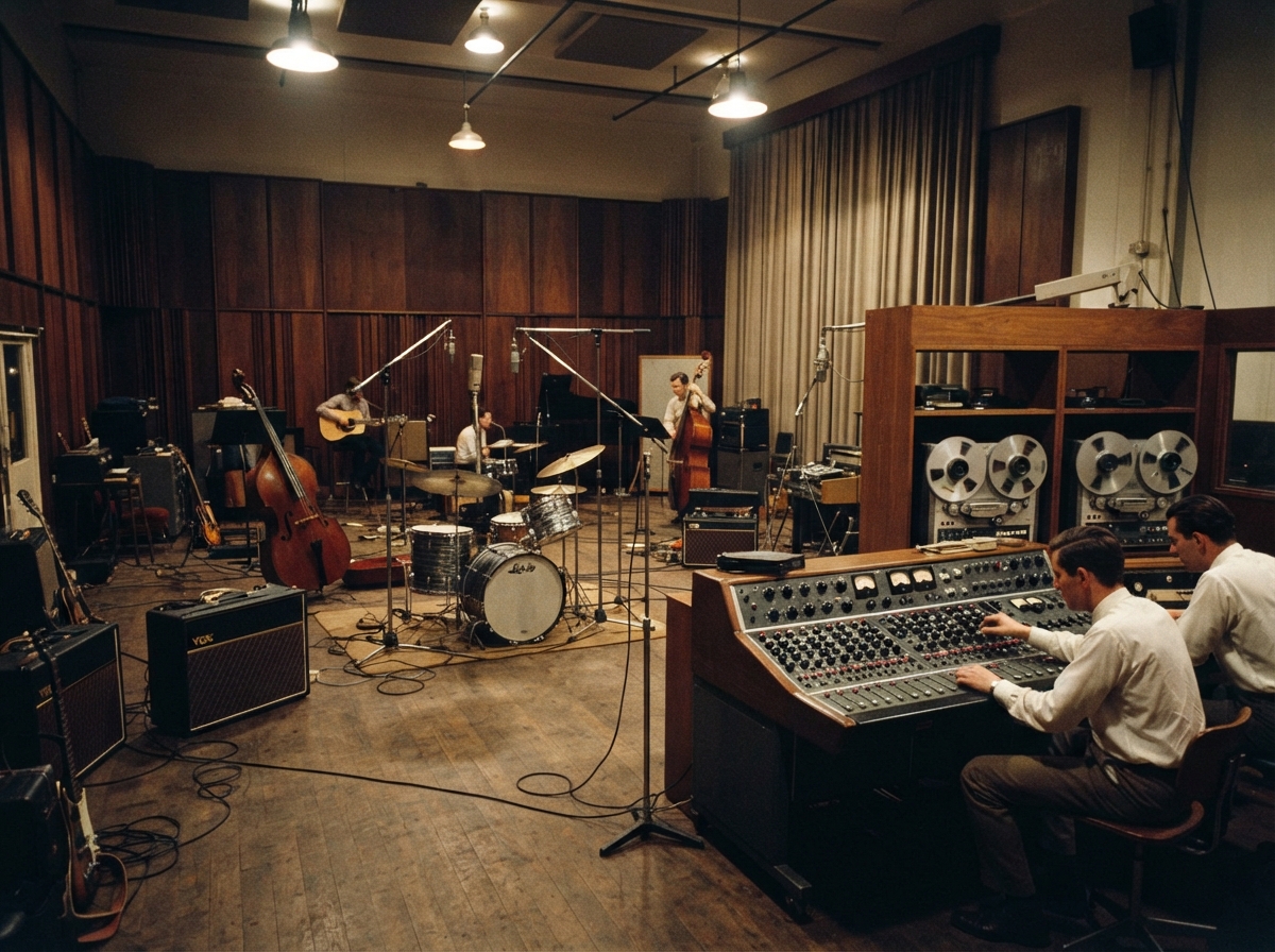 Studio d'enregistrement vintage des années 1960 avec console de mixage analogique et équipement professionnel.