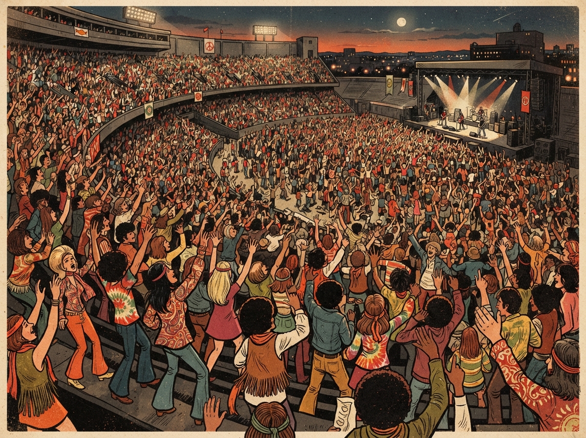Foule immense de fans enthousiastes lors d'un concert des années 1960, illustrant l'ampleur de la Beatlemania.