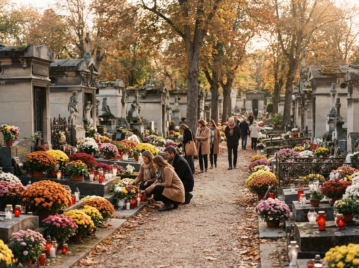 Cimetière français à la Toussaint avec tombes décorées de chrysanthèmes et bougies, familles en visite.