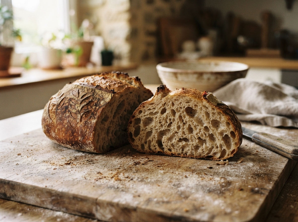 Pain au levain coupé en deux montrant une mie aérée avec de grandes alvéoles irrégulières.