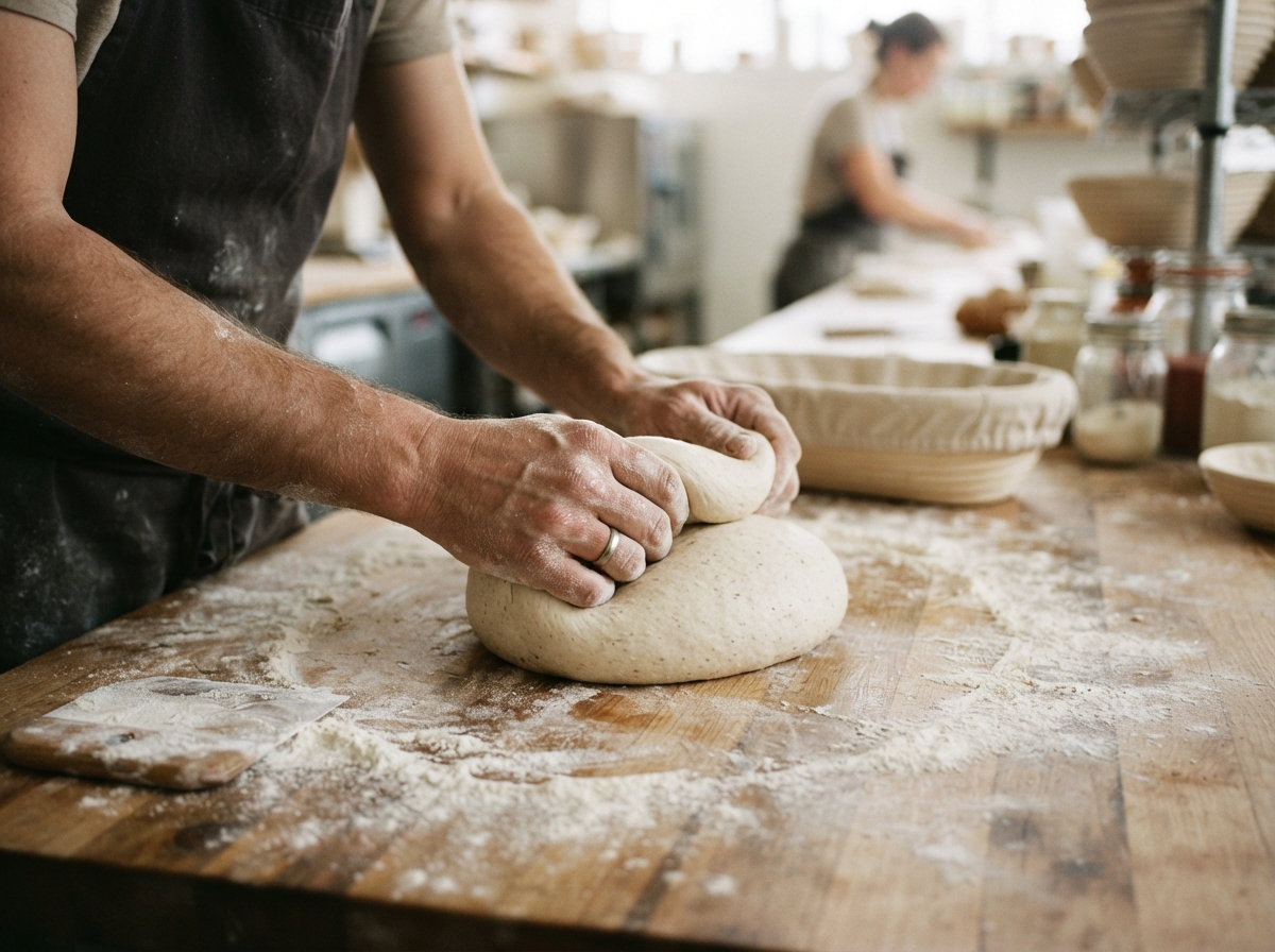 Mains de boulanger pétrissant une pâte élastique sur un plan de travail fariné.