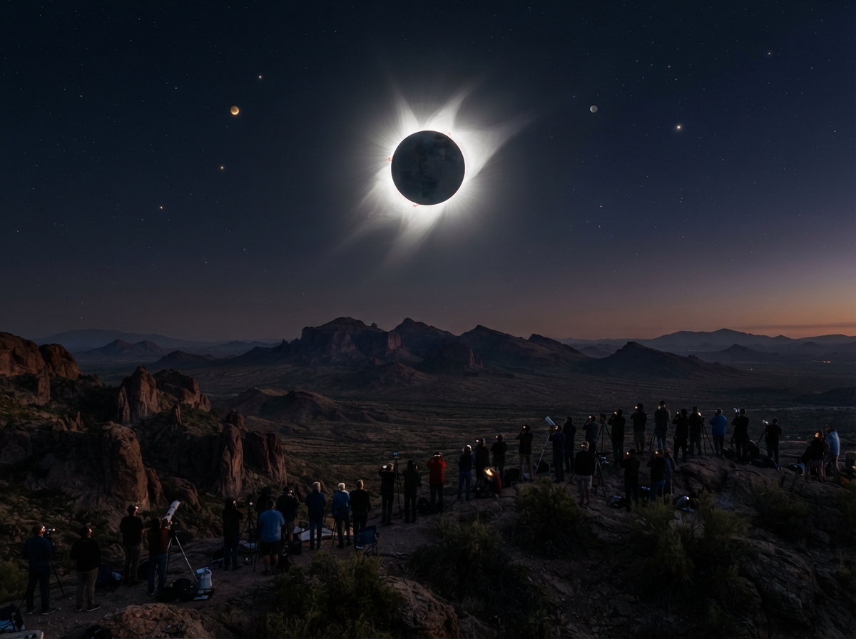 Vue d'une éclipse totale de Soleil avec la couronne solaire brillante visible autour du disque lunaire noir.