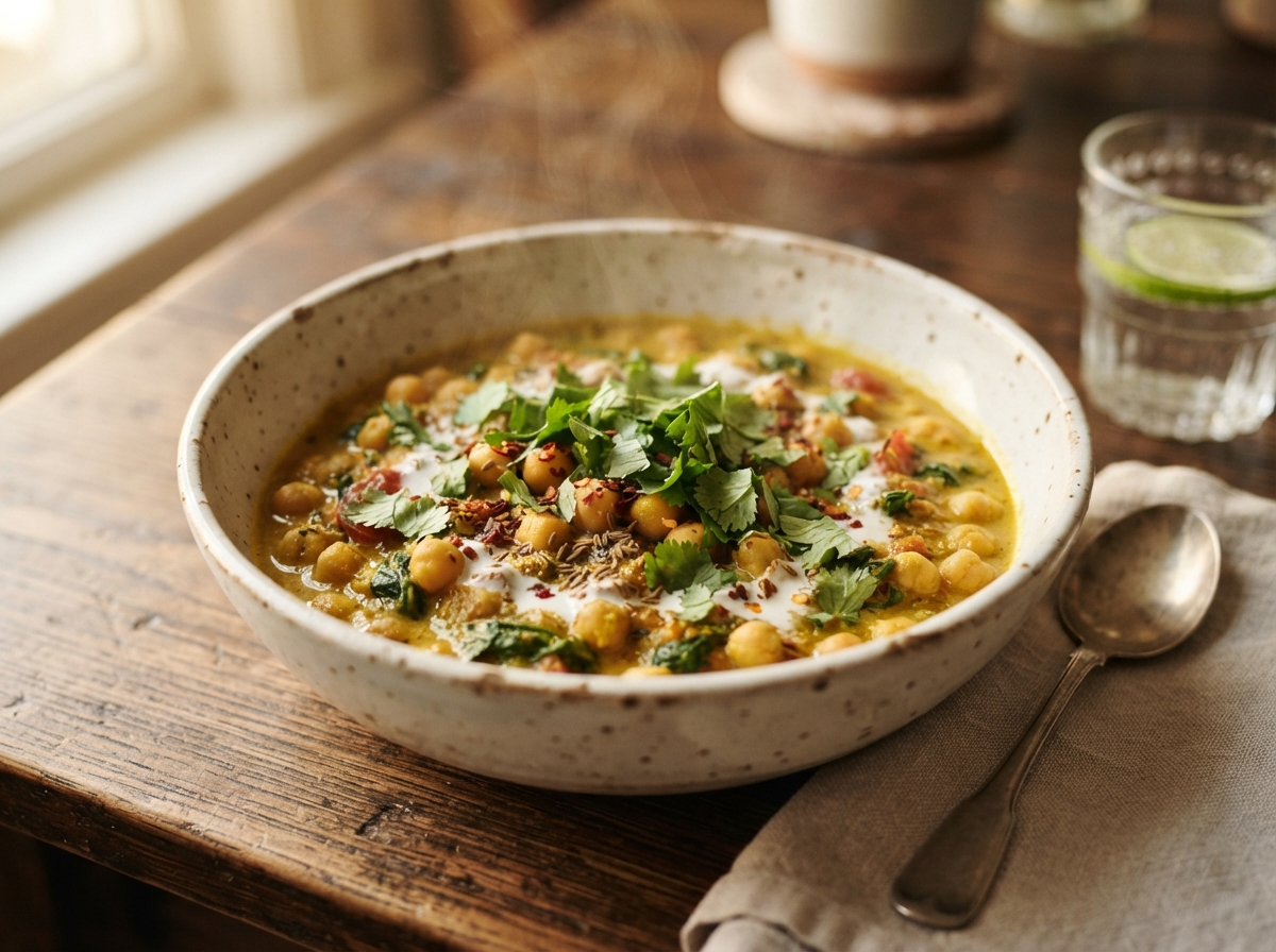 Bol de curry de pois chiches doré avec lait de coco et coriandre fraîche, sur une table en bois.
