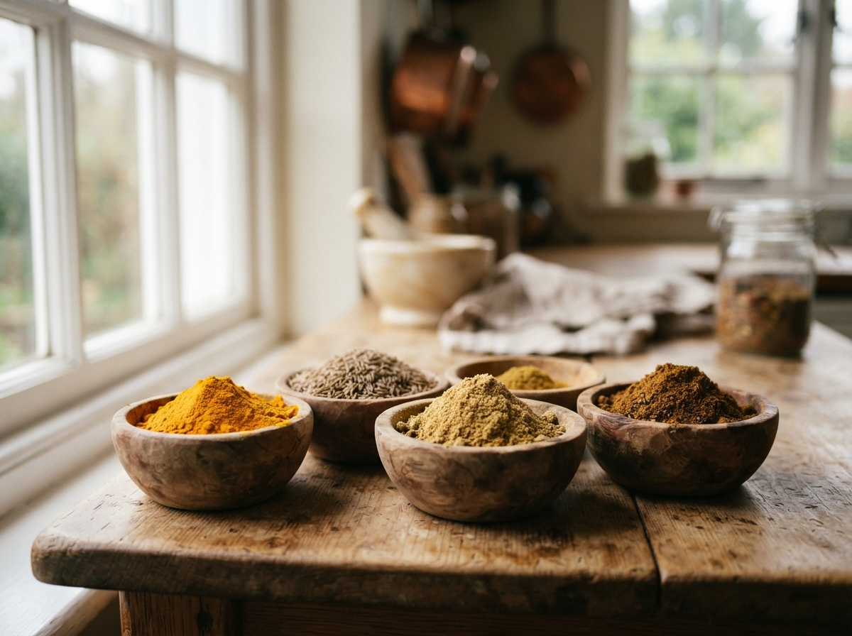 Assortiment d'épices colorées dans des bols en bois : curcuma, cumin, coriandre, sur un plan de travail de cuisine.