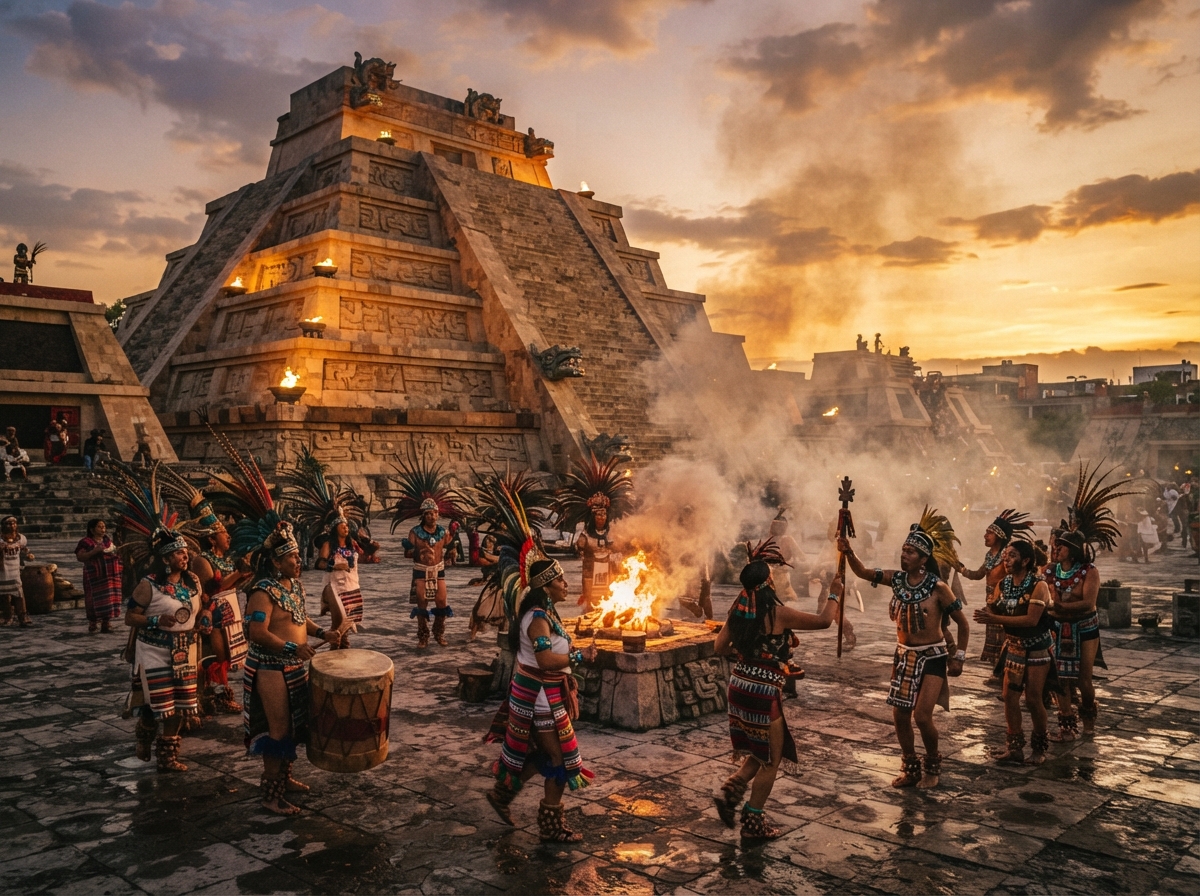 Cérémonie aztèque ancienne autour d'un feu sacré avec guerriers et prêtres en costumes traditionnels