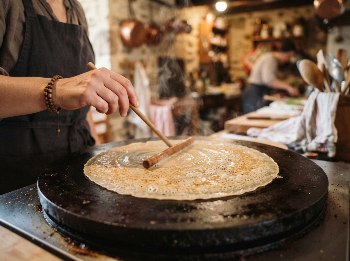 Crêpe bretonne en train de cuire sur une billig chaude avec de la vapeur qui s'élève
