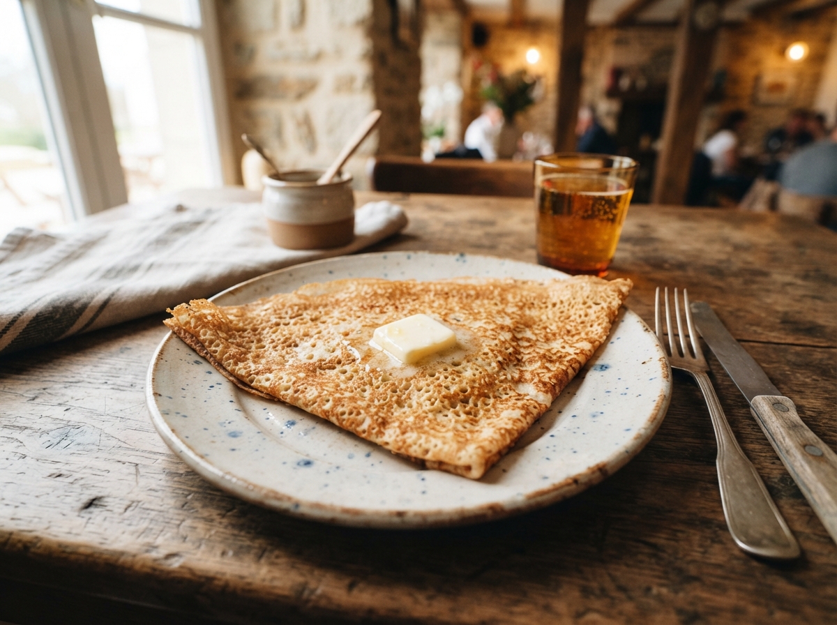 Crêpe bretonne pliée en quatre sur une assiette avec du beurre salé qui fond dessus