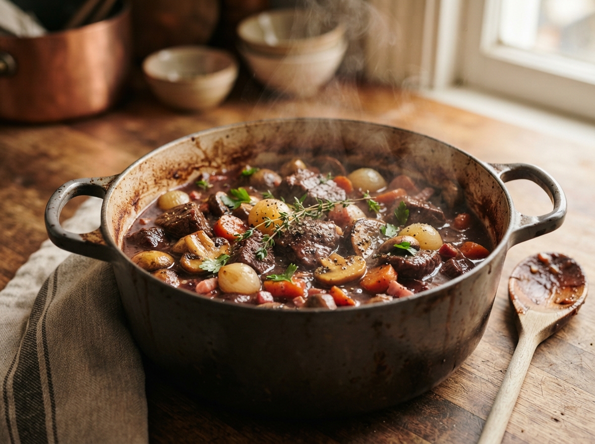 Cocotte en fonte contenant un bœuf bourguignon avec sauce au vin rouge, morceaux de viande, oignons et légumes