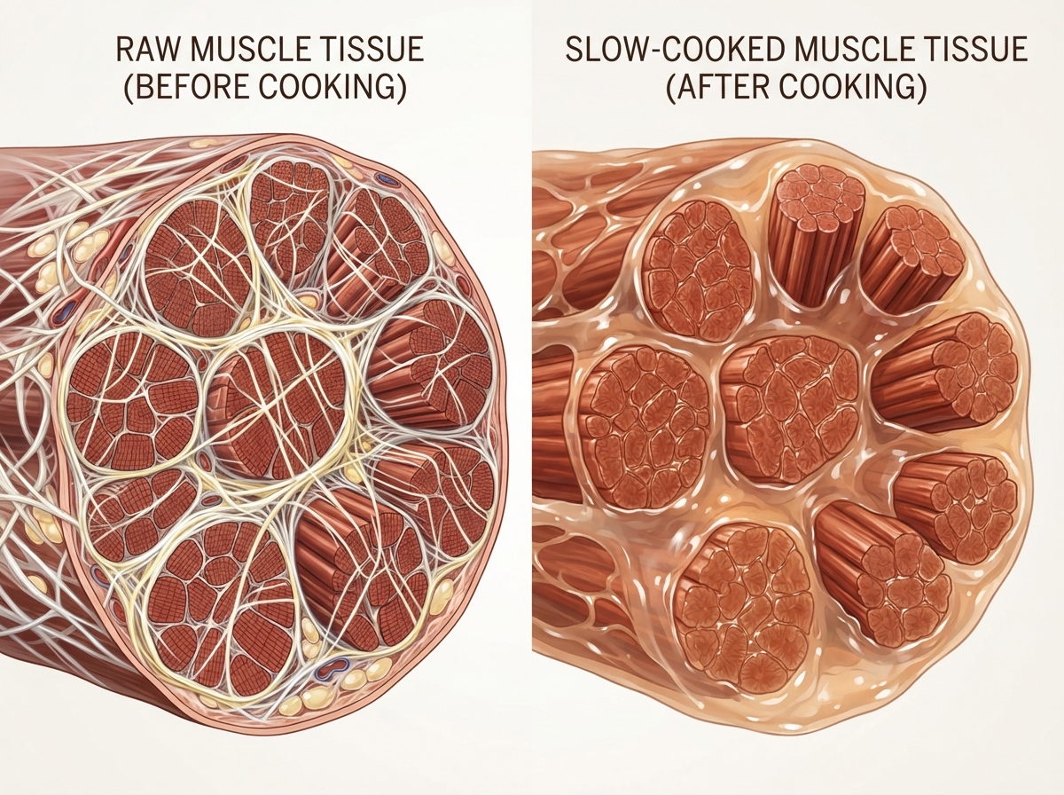 Illustration en coupe des fibres musculaires de la viande montrant la structure du collagène avant et après cuisson lente