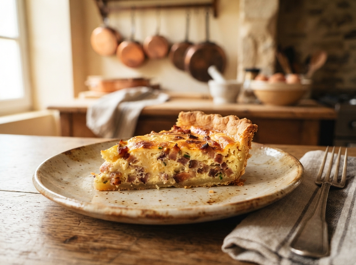 Gros plan d'une part de quiche lorraine dorée avec des lardons visibles dans l'appareil à œufs