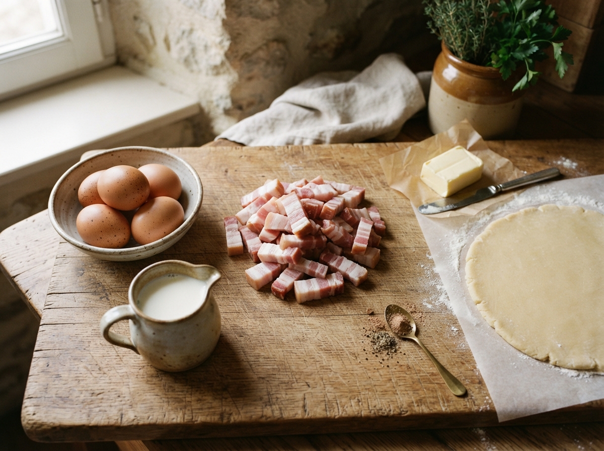 Ingrédients traditionnels de la quiche lorraine disposés sur une planche en bois