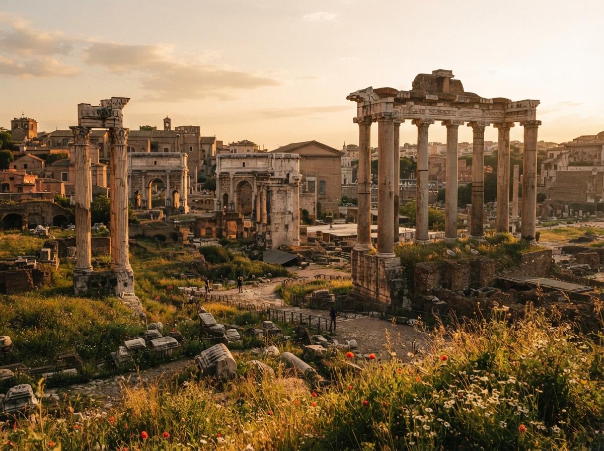 Colonnes de marbre brisées du Forum romain au coucher du soleil, envahies par la végétation.
