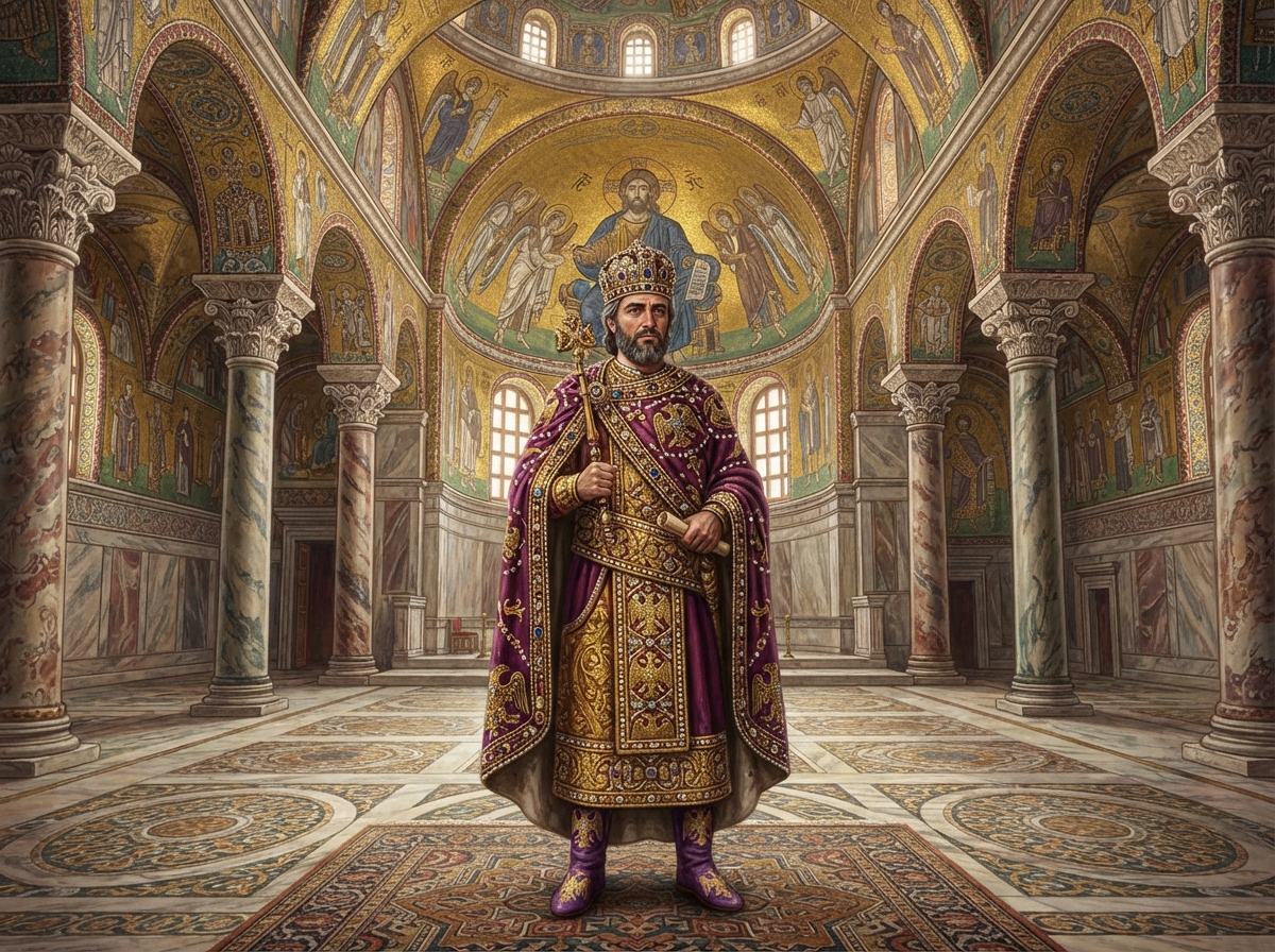 Empereur byzantin en habits pourpres et couronne dorée dans un palais orné de mosaïques, symbole de la continuité romaine en Orient.